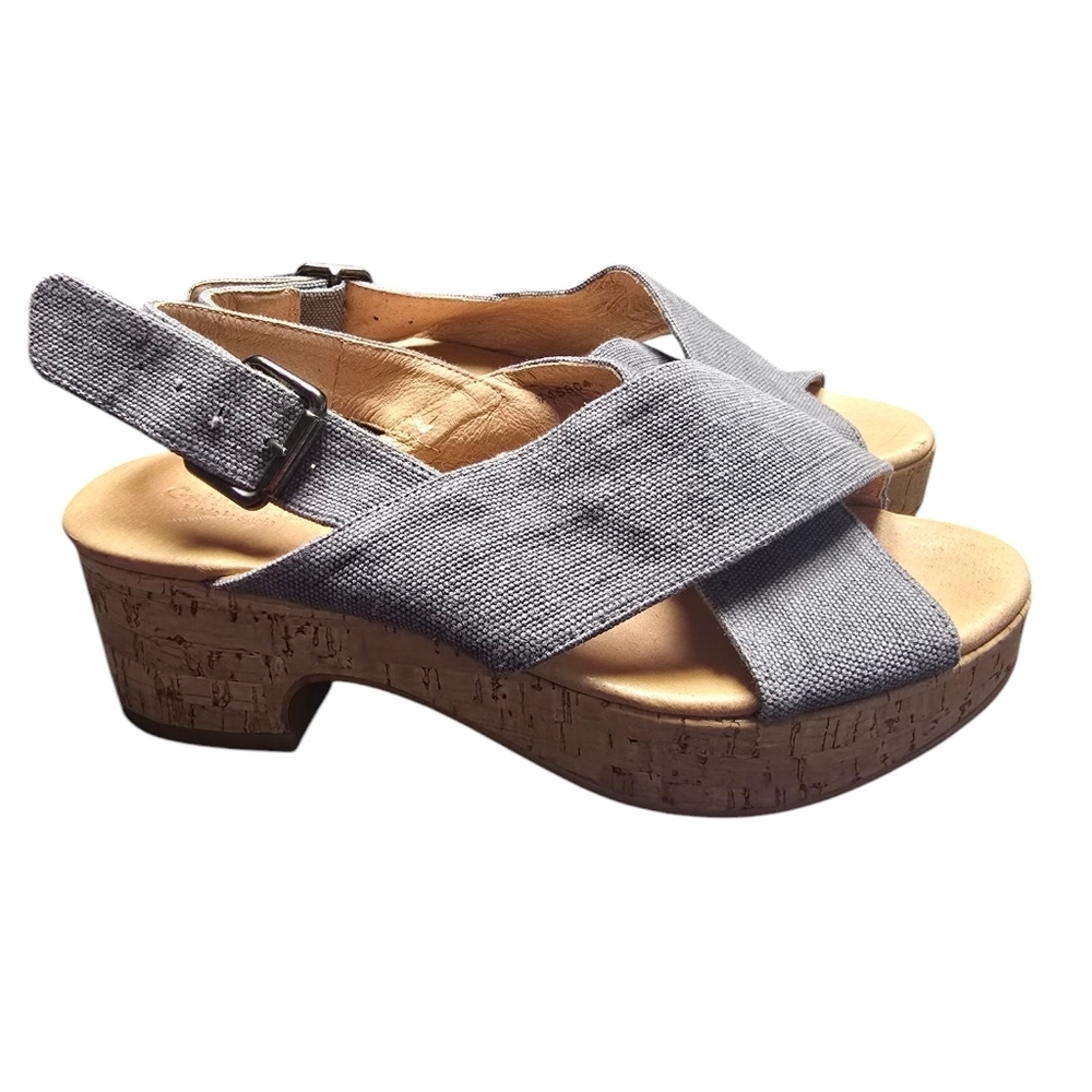 Garnett Hill Eliana Crossover Cork Heels Sz. 38 (7.5) Grey/Dark Blue